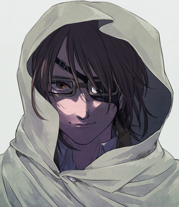 1other androgynous brown_eyes brown_hair cloak commentary_request eyepatch goggles hange_zoe hood hooded_cloak mo_cha_ri other_focus portrait shaded_face shingeki_no_kyojin smile solo