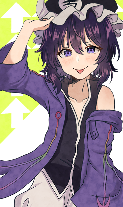 1other androgynous black_hair black_shirt frilled_hat frills hat hood hooded_jacket jacket len'en mob_cap off_shoulder puffy_shorts purple_hair purple_jacket shirt shitodo_kuroji short_hair shorts sleeveless sleeveless_shirt smile solo tongue tongue_out triangular_headpiece violet_eyes white_shorts wide_sleeves ximsol182