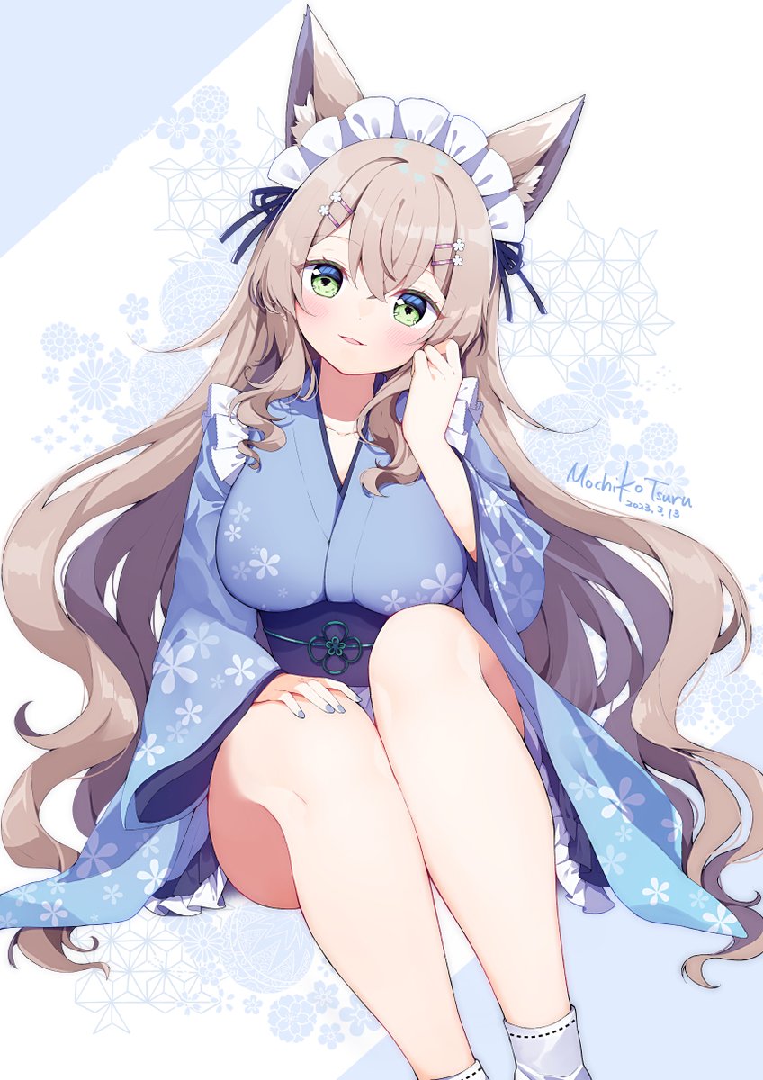 1girl 2023 animal_ear_fluff animal_ears aruma_(goma) black_ribbon blue_kimono blush borrowed_character breasts commentary_request commission convenient_leg crossed_bangs dated double-parted_bangs feet_out_of_frame floral_print fox_ears fox_girl green_eyes hair_between_eyes hair_ribbon hand_on_own_knee head_tilt highres japanese_clothes kimono knees_up large_breasts legs light_brown_hair long_hair long_sleeves looking_at_viewer maid_headdress mochiko_tsuru open_mouth original ribbon sidelocks signature simple_background sitting skeb_commission smile solo very_long_hair wavy_hair white_background wide_sleeves
