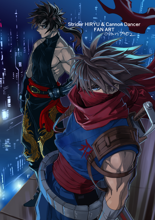 2boys arm_guards bandaged_arm bandages blue_eyes border brown_hair cannon_dancer closed_mouth copyright_name covered_mouth creator_connection crossover dragon_print hand_on_own_hip indesign kirin_(cannon_dancer) long_hair male_focus manly multiple_boys muscular muscular_male ninja outdoors ponytail red_eyes red_scarf sash scarf serious short_hair spiky_hair standing strider_(video_game) strider_hiryuu white_border