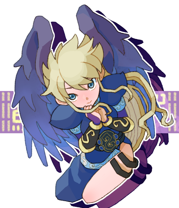 1girl blonde_hair blue_dress blue_eyes breath_of_fire breath_of_fire_ii bridal_gauntlets closed_mouth dress feathered_wings hair_between_eyes long_hair looking_at_viewer nina_(breath_of_fire_ii) outline purple_wings sicky_(pit-bull) side_slit smile solo split_mouth white_outline wings
