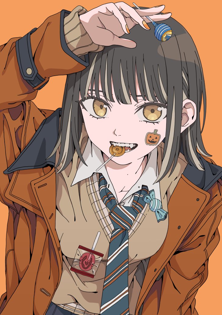 1girl blonde_hair blue_necktie breasts brown_hair candy candy_wrapper collarbone collared_shirt commentary fangs fingernails food food_in_mouth haku_geroda halloween hand_up holding holding_candy holding_food holding_lollipop jack-o'-lantern jacket lollipop long_eyebrows long_sleeves looking_at_viewer medium_breasts medium_hair multicolored_hair nail_polish necktie open_mouth orange_background orange_jacket original pleated_skirt school_uniform shirt simple_background skirt solo sticker sticker_on_face striped_necktie sweater_vest swept_bangs teeth tongue two-tone_hair upper_body white_shirt yellow_eyes