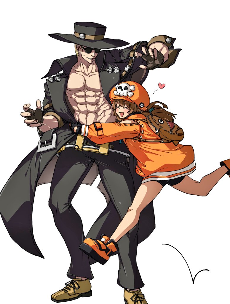 1boy 1girl abs anchor_symbol backpack bag belt black_jacket blonde_hair blush brown_gloves brown_hair cabbie_hat collarbone cowboy_hat ebi_pri_shrimp fingerless_gloves gloves guilty_gear guilty_gear_strive hat heart hug jacket johnny_(guilty_gear) large_pectorals may_(guilty_gear) muscular muscular_male open_mouth pectorals pirate shorts simple_background skull_and_crossbones smile sunglasses white_background