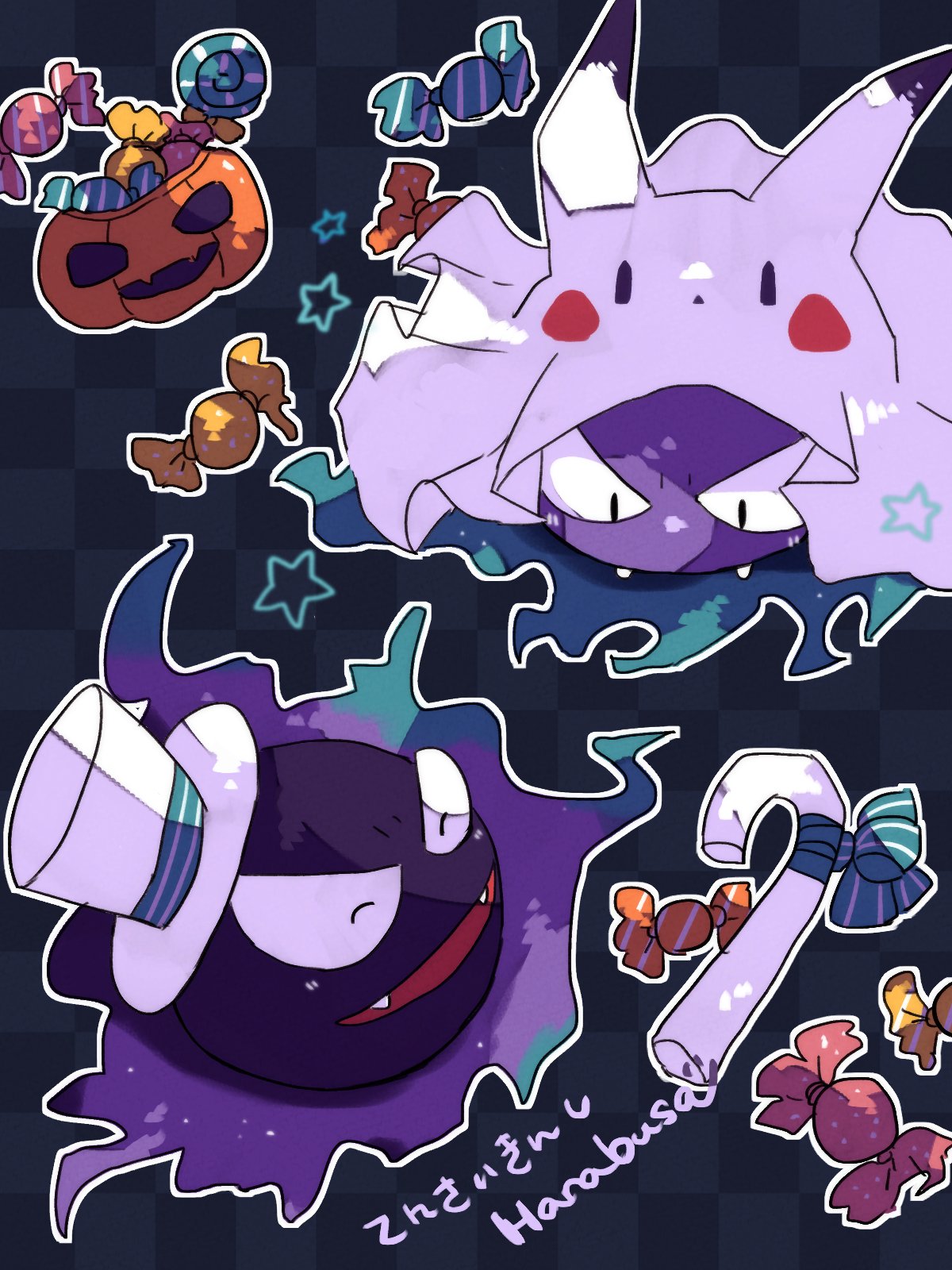 animal_focus artist_name black_background candy candy_cane closed_eyes commentary_request fangs food gastly halloween halloween_costume hanabusaoekaki hat haunter highres jack-o'-lantern no_humans open_mouth pikachu pokemon pokemon_(creature) star_(symbol) top_hat white_headwear