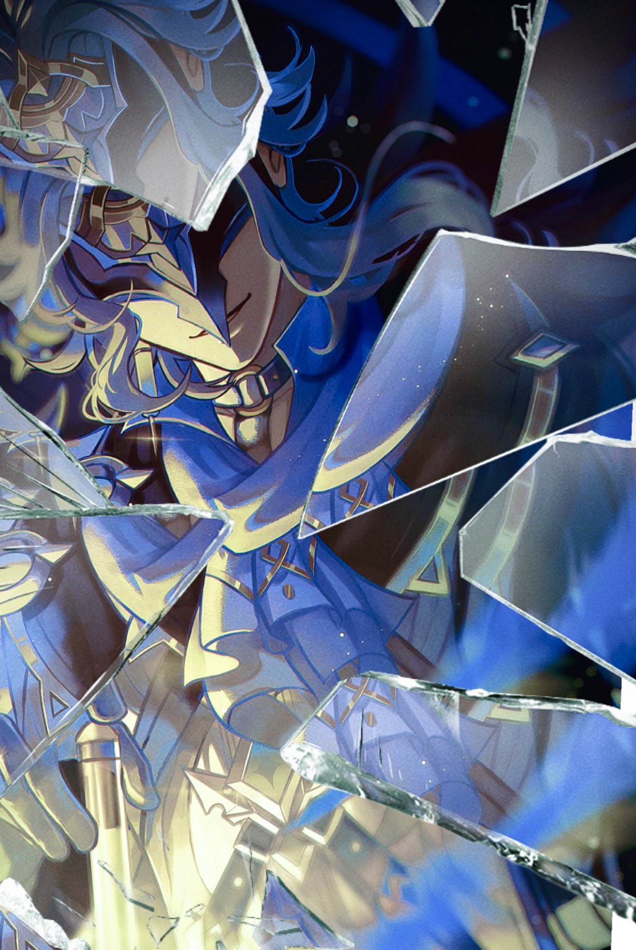 1boy ascot black_background black_choker black_gloves blue_ascot blue_hair blue_shirt broken_glass choker coat covered_eyes dottore_(genshin_impact) earrings eye_mask genshin_impact glass gloves gold_trim hand_up highres holding jewelry long_sleeves male_focus medium_hair open_mouth shirt simple_background single_earring smile solo sparkle standing tomanattsu tongue white_coat