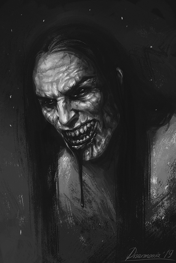 black_hair black_sclera blood blood_from_mouth blood_on_face colored_sclera dripping_blood evil_grin evil_smile graphite_(medium) greyscale grin horror_(theme) konrad_curze long_hair looking_at_viewer monochrome primarch scar scar_on_face scar_on_mouth sharp_teeth signature smile teeth traditional_media veronica_anrathi warhammer_40k