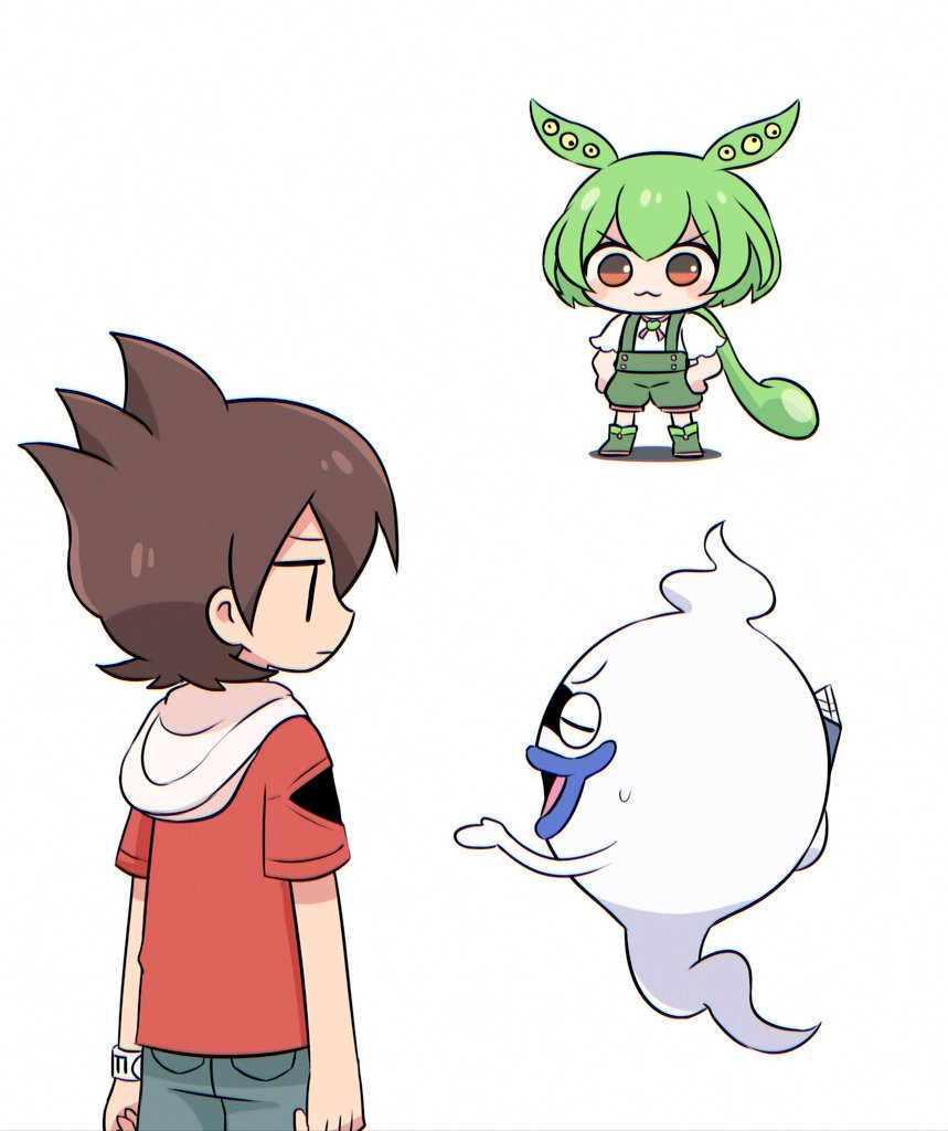 1boy 1girl :3 amano_keita blush brown_eyes brown_hair closed_eyes closed_mouth commentary_request crossover full_body ghost green_footwear green_hair green_shorts hair_between_eyes hands_on_own_hips hood hood_down koko_ue long_hair looking_at_another looking_at_viewer low_ponytail open_mouth puffy_short_sleeves puffy_shorts puffy_sleeves red_shirt shirt shoes short_hair short_sleeves shorts simple_background smile standing suspender_shorts suspenders sweatdrop traditional_youkai voicevox whisper_(youkai_watch) white_background white_shirt youkai_watch zundamon