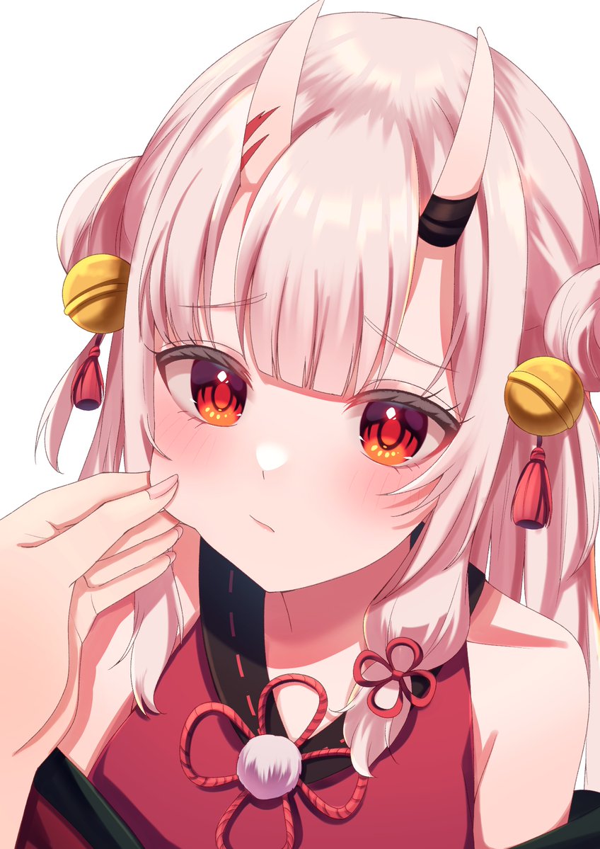 1girl 1other bare_shoulders bell blunt_bangs blush closed_mouth commentary double-parted_bangs double_bun fingernails hair_bell hair_between_eyes hair_bun hair_ornament hair_ribbon hololive horns junineu light_frown looking_at_viewer multicolored_hair nakiri_ayame nakiri_ayame_(1st_costume) off_shoulder oni_horns red_eyes red_ribbon red_shirt redhead ribbon shirt simple_background skin-covered_horns sleeveless squeezing_cheeks streaked_hair tassel tassel_hair_ornament upper_body virtual_youtuber white_background white_hair