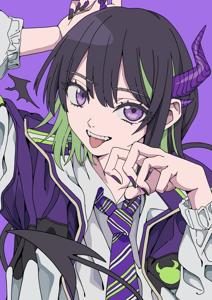 1girl animal_pose black_hair black_nails collarbone collared_shirt commentary demon_horns demon_tail demon_wings green_hair haku_geroda hand_up hood hoodie horns jacket long_eyebrows looking_at_viewer medium_hair multicolored_hair multicolored_nails nail_polish necktie open_mouth original purple_background purple_hoodie purple_horns purple_nails purple_necktie school_uniform shirt simple_background solo striped_necktie swept_bangs symbol-only_commentary tail teeth tongue tongue_out two-tone_hair upper_body violet_eyes white_hoodie white_shirt wings