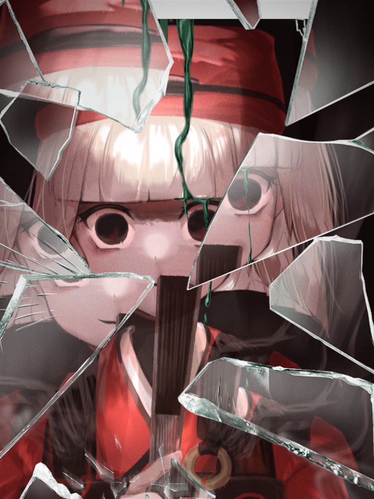 1girl black_eyes broken_glass dripping fate/grand_order fate_(series) folding_fan glass glass_shards grey_hair hand_fan hat highres holding holding_fan japanese_clothes kimono red_kimono romanjyuu sen_no_rikyu_(fate) sen_no_rikyu_(first_ascension)_(fate) shattered smile