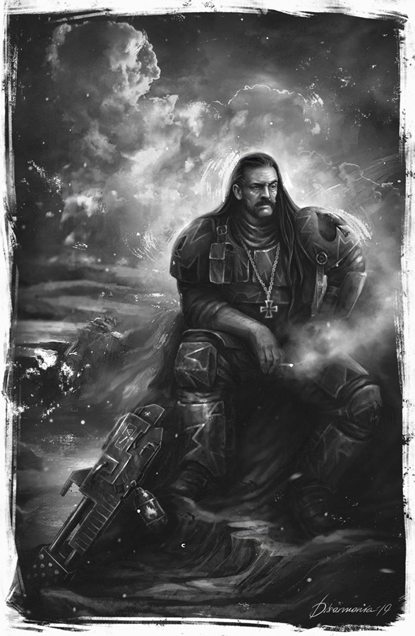 1boy armor artist_name astra_militarum badge battle_standard beard black_facial_hair black_hair cigarette commentary cross crossover english_commentary facial_hair flamer flamethrower greyscale holding holding_cigarette imperium_of_man latin_cross lemmy_kilmister long_hair looking_ahead mature_male monochrome motorhead mustache portrait signature simple_background smoking soldier solo veronica_anrathi warhammer_40k weapon