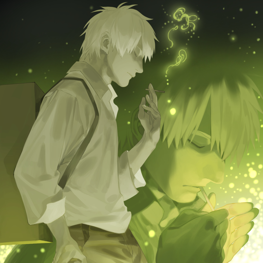 1boy backpack bag between_fingers cigarette closed_eyes collared_shirt commentary cowboy_shot english_commentary expressionless from_side ginko green_background green_theme hand_up holding holding_cigarette light_particles male_focus mushishi profile shirt short_hair smoke solo standing tamasaburo_(braudraws) white_hair white_shirt zoom_layer
