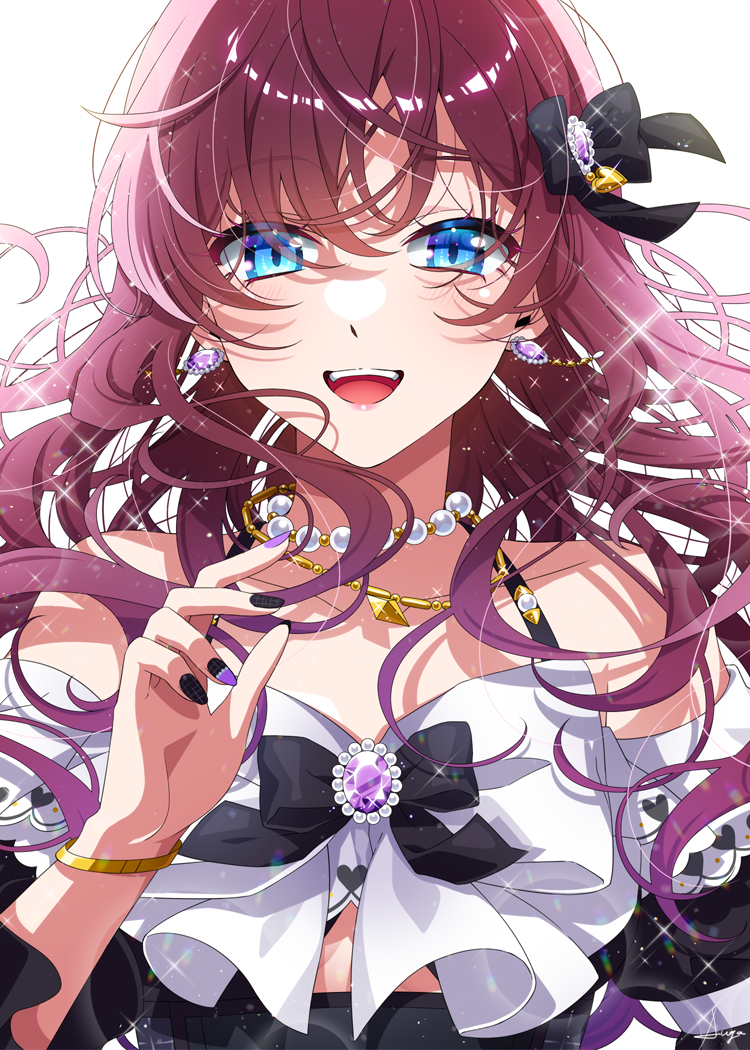 1girl :d bare_shoulders black_bow black_nails blue_eyes bow brown_hair collarbone earrings gold_bracelet gold_necklace hair_between_eyes hair_bow ichinose_shiki idolmaster idolmaster_cinderella_girls jewelry long_hair looking_at_viewer multiple_necklaces nail_polish necklace pearl_necklace sgawarananto smile solo sparkle upper_body wavy_hair white_background