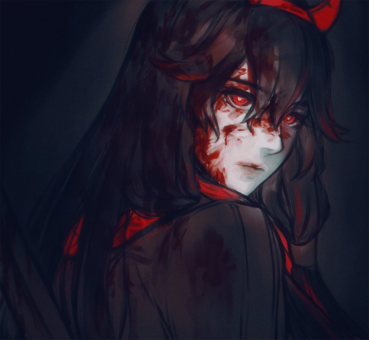 1girl black_background black_hair blood blood_in_hair blood_on_clothes blood_on_face eld_creative fake_horns hair_between_eyes horns long_hair looking_back lucia:_lotus_(punishing:_gray_raven) lucia_(punishing:_gray_raven) parted_bangs punishing:_gray_raven red_eyes red_horns red_scarf scarf small_horns solo