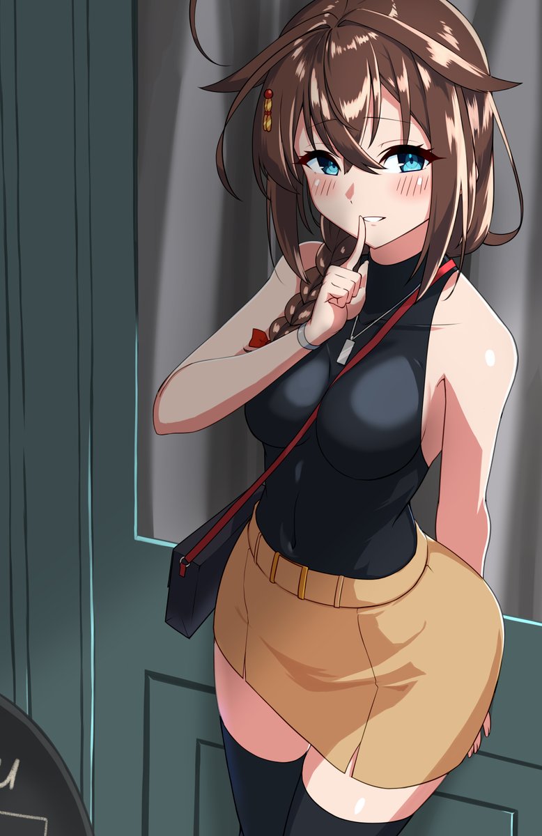 1girl ahoge alternate_costume bag between_breasts black_shirt black_thighhighs blue_eyes braid breasts brown_hair door finger_to_mouth hair_flaps hair_over_shoulder highres jewelry kantai_collection medium_breasts necklace shiba_(zudha) shigure_(kancolle) shigure_kai_san_(kancolle) shirt shoulder_bag single_braid sleeveless sleeveless_shirt solo strap_between_breasts thigh-highs turtleneck