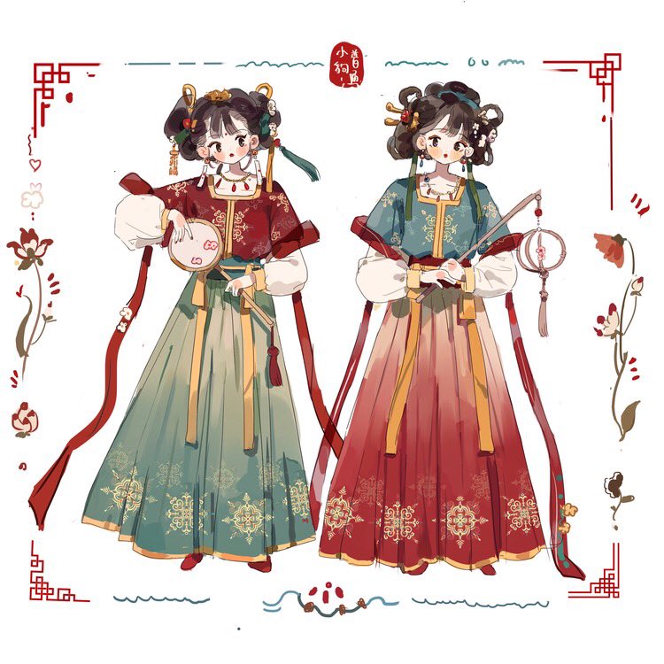 2girls black_eyes black_hair blue_shirt blue_sleeves blush_stickers chinese_clothes chinese_hairpin closed_mouth collarbone crown dangle_earrings earrings expressionless eyelashes eyeshadow flower full_body gold_headwear green_skirt hair_bun hair_flower hair_ornament hair_ribbon hair_rings hand_fan holding holding_fan jewelry layered_sleeves long_skirt long_sleeves looking_at_viewer makeup mini_crown multiple_girls multiple_hair_buns necklace notice_lines object_request ofuda_earrings orange_flower original pleated_skirt putong_xiao_gou red_eyeshadow red_footwear red_lips red_ribbon red_shirt red_skirt ribbon shirt shoes short_hair short_over_long_sleeves short_sleeves skirt snowflake_print square_neckline tassel tassel_hair_ornament tuanshan waist_ribbon white_background white_flower white_sleeves yellow_ribbon yellow_trim