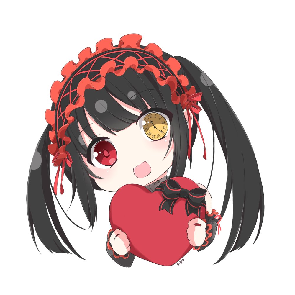 1girl black_hair clock_eyes date_a_live frilled_hairband frills hairband heart lolita_hairband open_mouth pypy_nemui red_eyes smile solo symbol-shaped_pupils tokisaki_kurumi twintails white_background