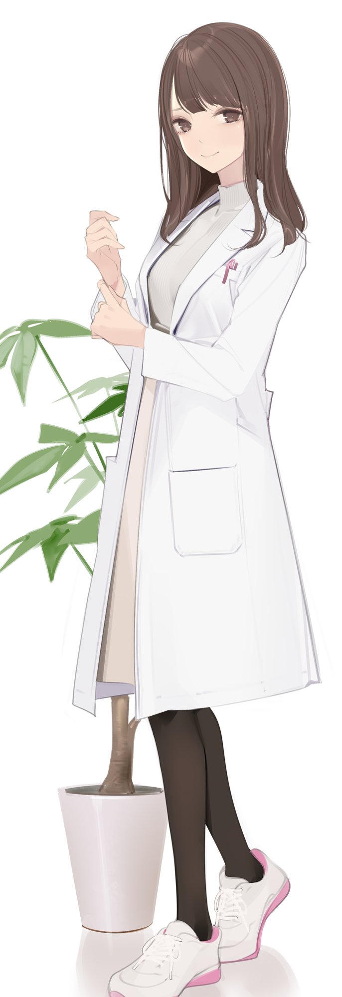 1girl adjusting_sleeves ama_mitsuki black_pantyhose brown_eyes brown_hair closed_mouth coat dress full_body hands_up highres long_sleeves looking_at_viewer medium_hair original pantyhose pen_in_pocket plant potted_plant reflective_floor simple_background smile solo standing white_background white_coat white_dress white_footwear