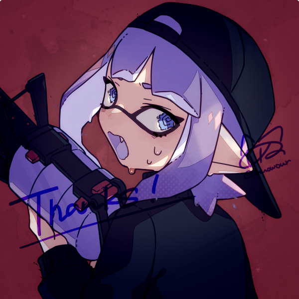 .52_gal_(splatoon) 1girl @_@ backwards_hat baseball_cap black_headwear blue_eyes commentary_request fang gun hat holding holding_gun holding_weapon inkling inkling_girl inuowour looking_back medium_hair open_mouth purple_hair red_background signature solo splatoon_(series) splatoon_3 sweat upper_body weapon