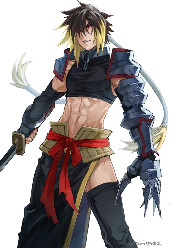 1boy albel_nox armor blonde_hair brown_hair crop_top gloves holding holding_sword holding_weapon indesign looking_at_viewer male_focus midriff multicolored_hair muscular muscular_male red_eyes shoulder_armor simple_background solo star_ocean star_ocean_till_the_end_of_time sword thigh-highs weapon white_background