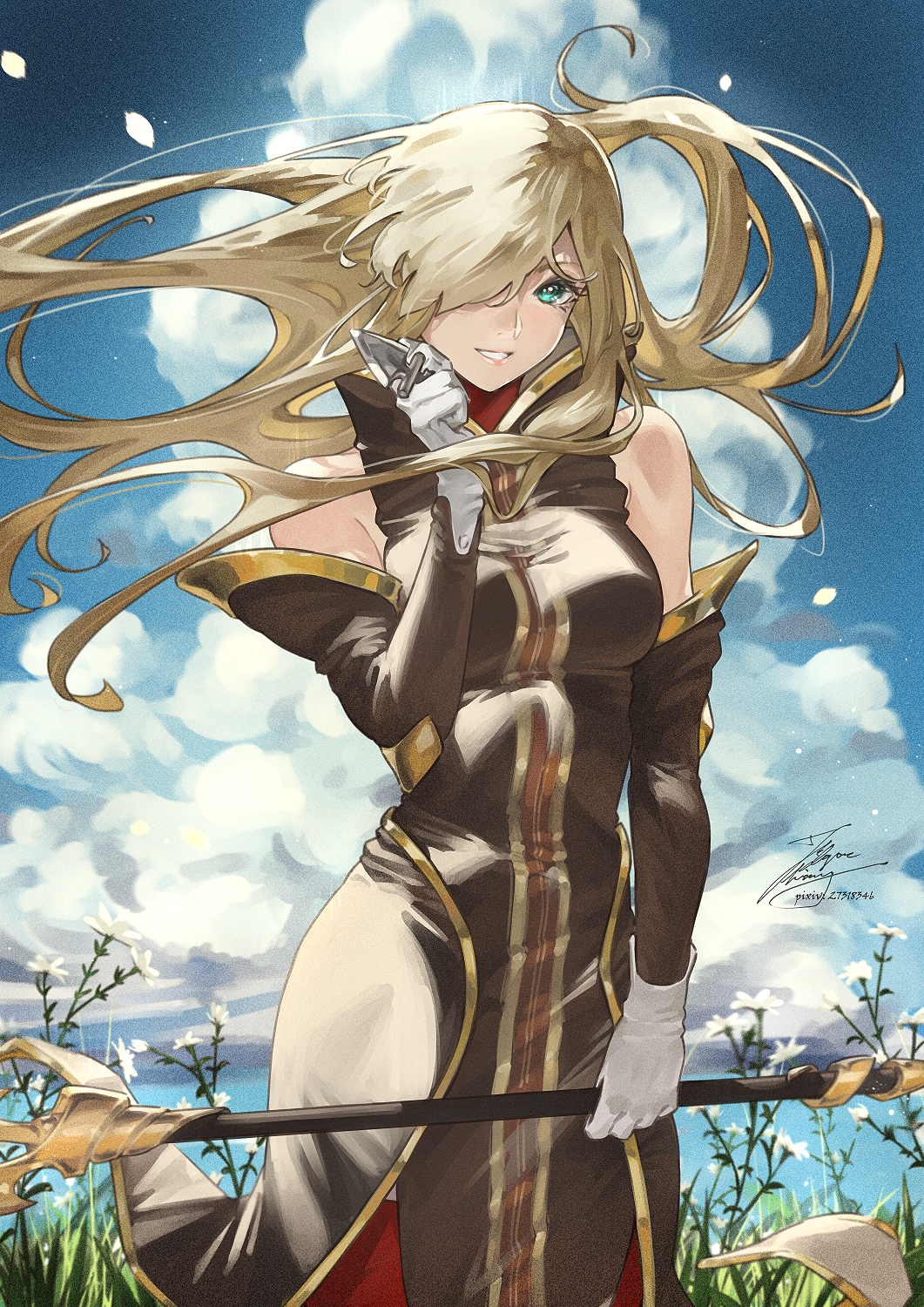 1girl bare_shoulders blonde_hair clouds cloudy_sky detached_sleeves dress fadingz green_eyes hair_over_one_eye highres holding holding_staff long_hair looking_at_viewer sky smile solo staff tales_of_(series) tales_of_the_abyss tear_grants