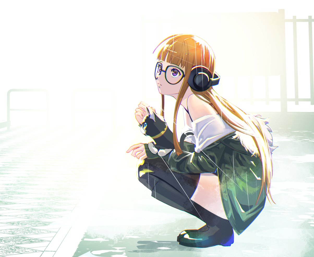 1girl black-framed_eyewear black_footwear black_thighhighs boots closed_mouth cofffee cross-laced_footwear full_body glasses green_jacket headphones jacket knee_boots lace-up_boots long_hair long_sleeves open_clothes open_jacket orange_hair persona persona_5 sakura_futaba shirt solo thigh-highs violet_eyes white_shirt