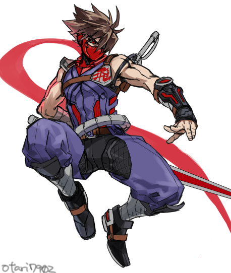 1boy bandaged_arm bandages belt brown_hair full_body indesign male_focus ninja plasma_sword red_scarf scarf signature simple_background solo spiky_hair strider_(video_game) strider_hiryuu sword weapon white_background
