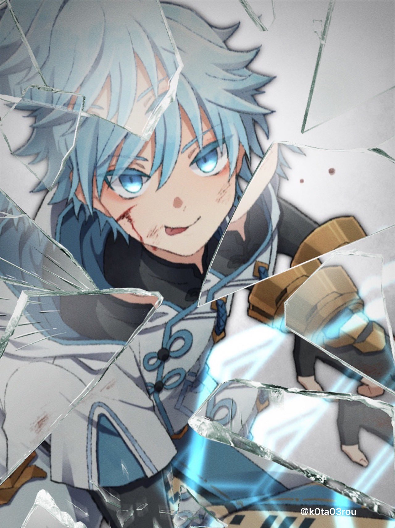 1boy artist_name blue_eyes blue_hair broken_glass chinese_clothes chongyun_(genshin_impact) commentary_request fingerless_gloves genshin_impact glass glass_shards gloves hair_between_eyes highres k0ta03rou looking_at_viewer male_focus shards shattered short_hair simple_background smile solo tongue tongue_out