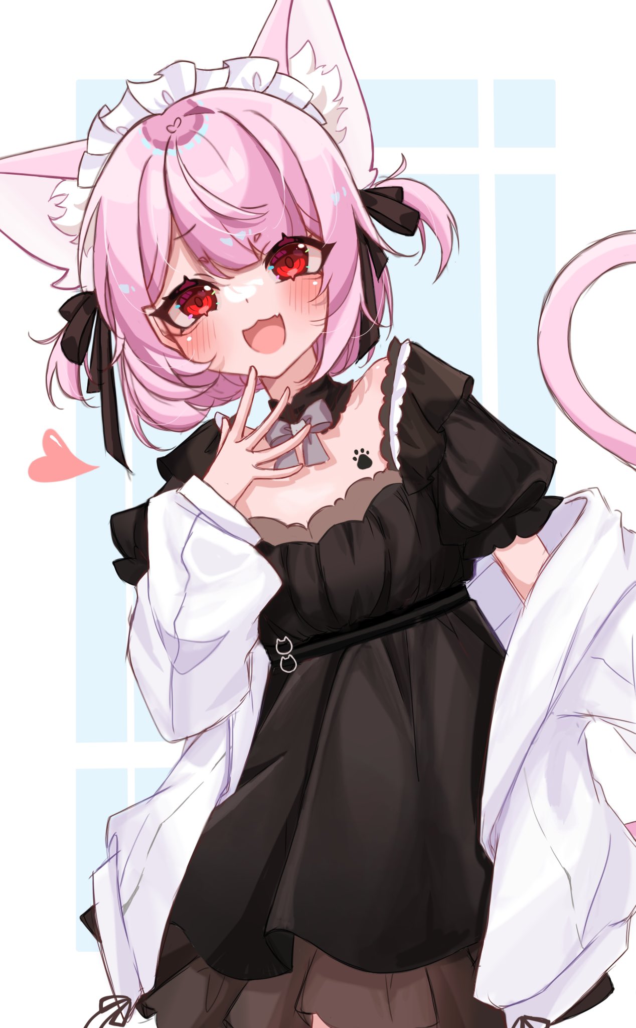 1girl :3 :d animal_ears black_dress cat_ears cat_girl cat_tail dress fang heart highres indie_virtual_youtuber jacket long_hair looking_at_viewer mikeneko_(utaite) off_shoulder open_clothes open_jacket open_mouth pink_hair puffy_short_sleeves puffy_sleeves red_eyes short_hair short_sleeves smile suzuka_(suzuka_960118) tail two_side_up virtual_youtuber white_jacket