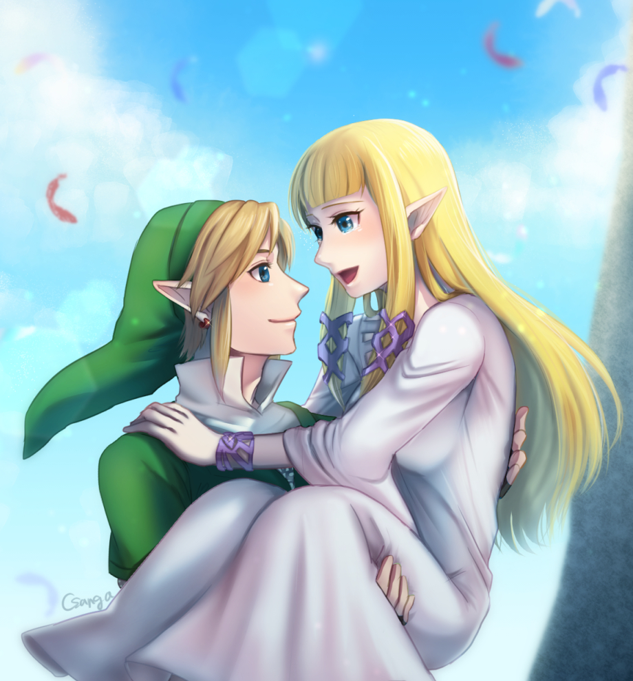 1boy 1girl :d artist_name blonde_hair blue_eyes blue_sky bracelet breasts carrying clouds day dress earrings eye_contact feathers green_headwear hetero jewelry light_brown_hair link looking_at_another medium_breasts outdoors princess_carry princess_zelda sangachie sidelocks sky smile the_legend_of_zelda white_dress