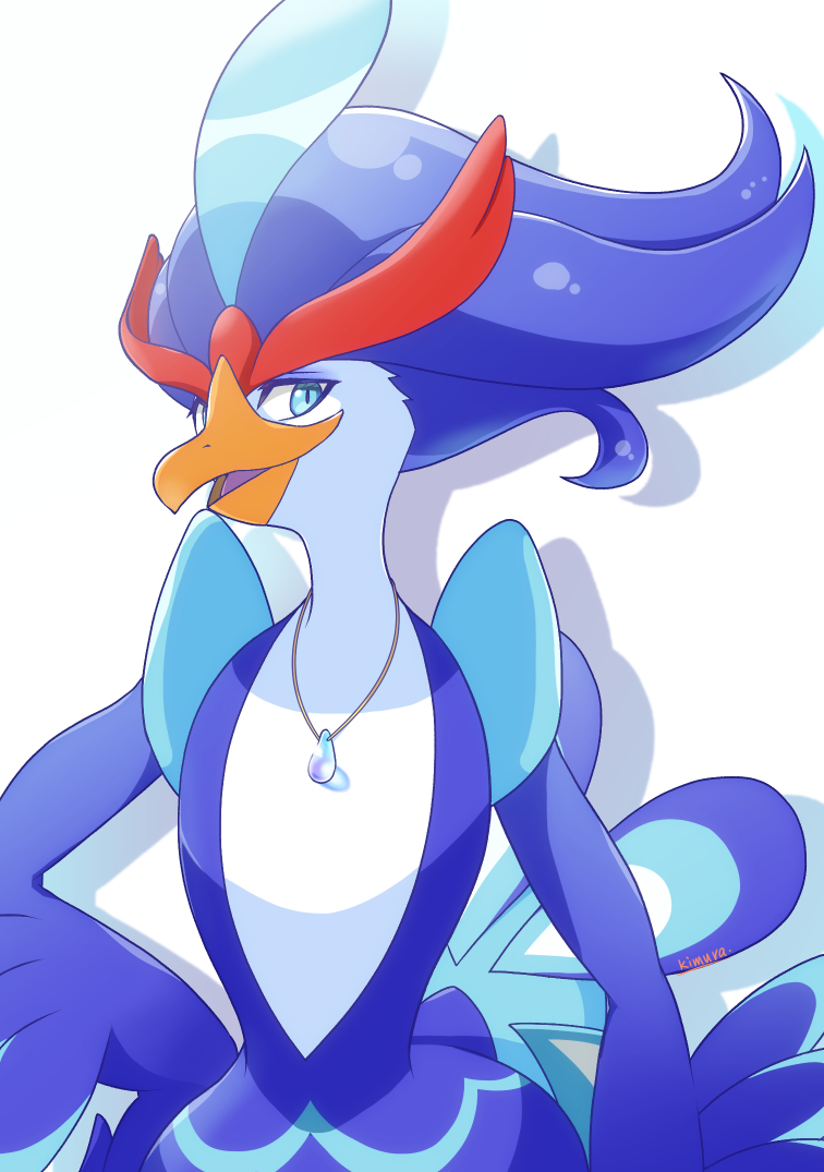 1boy beak bird blue_eyes blue_feathers blue_fur blue_hair body_fur duck feathers jewelry looking_at_viewer looking_to_the_side necklace open_mouth peacock pokemon pokemon_(creature) pokemon_(game) pokemon_sv quaquaval tail white_fur