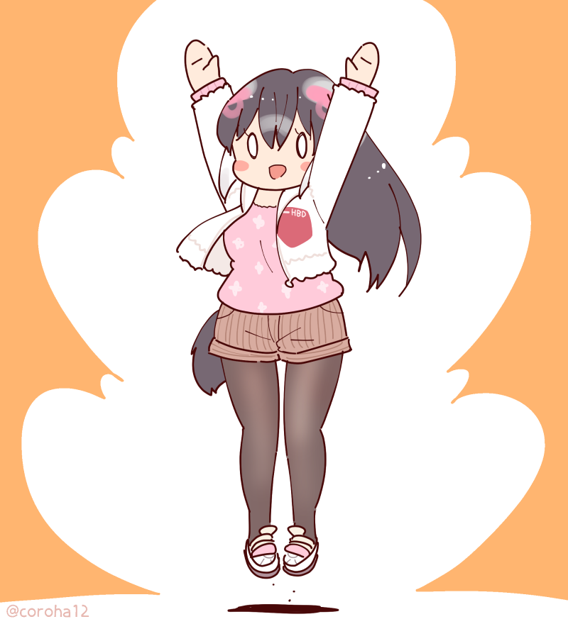 1girl african_penguin_(kemono_friends) black_hair coroha full_body grey_hair hood hoodie jumping kemono_friends kemono_friends_v_project long_hair looking_at_viewer multicolored_hair orange_background pantyhose penguin_girl penguin_tail pink_hair shirt shoes shorts simple_background solo straight_hair tail virtual_youtuber