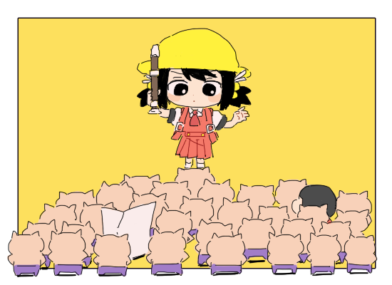 1boy 1girl arm_up ascot backpack bag black_eyes black_hair blush_stickers border buta_thunder_(vocaloid) buzz_cut cameo commentary_request conductor crayon_shin-chan crossover crowd cs_voca dot_mouth dress facing_another facing_away hair_bobbles hair_ornament hand_up hat holding holding_instrument holding_recorder instrument kaai_yuki looking_at_animal low_twintails newspaper nohara_shinnosuke odd_one_out outside_border pinafore_dress pleated_dress puffy_short_sleeves puffy_sleeves red_ascot red_dress school_hat shirt short_hair short_sleeves short_twintails shoulder_strap simple_background sleeveless sleeveless_dress standing twintails v-shaped_eyebrows very_short_hair vocaloid white_border white_shirt yellow_background