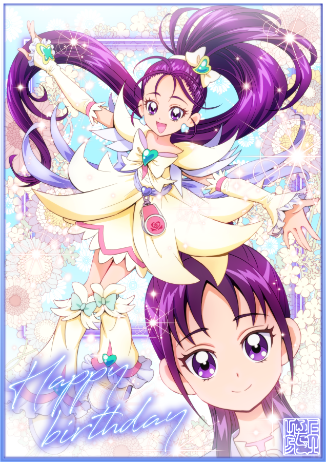 1girl :d artist_logo boots border commentary_request cure_egret dress earrings eyelashes flower futari_wa_precure_splash_star gradient_border hair_ornament hairband happy happy_birthday heart heart_earrings jewelry kamikita_futago leg_warmers long_hair looking_at_viewer magical_girl mishou_mai open_mouth precure purple_hair signature smile solo very_long_hair violet_eyes white_dress wide_ponytail