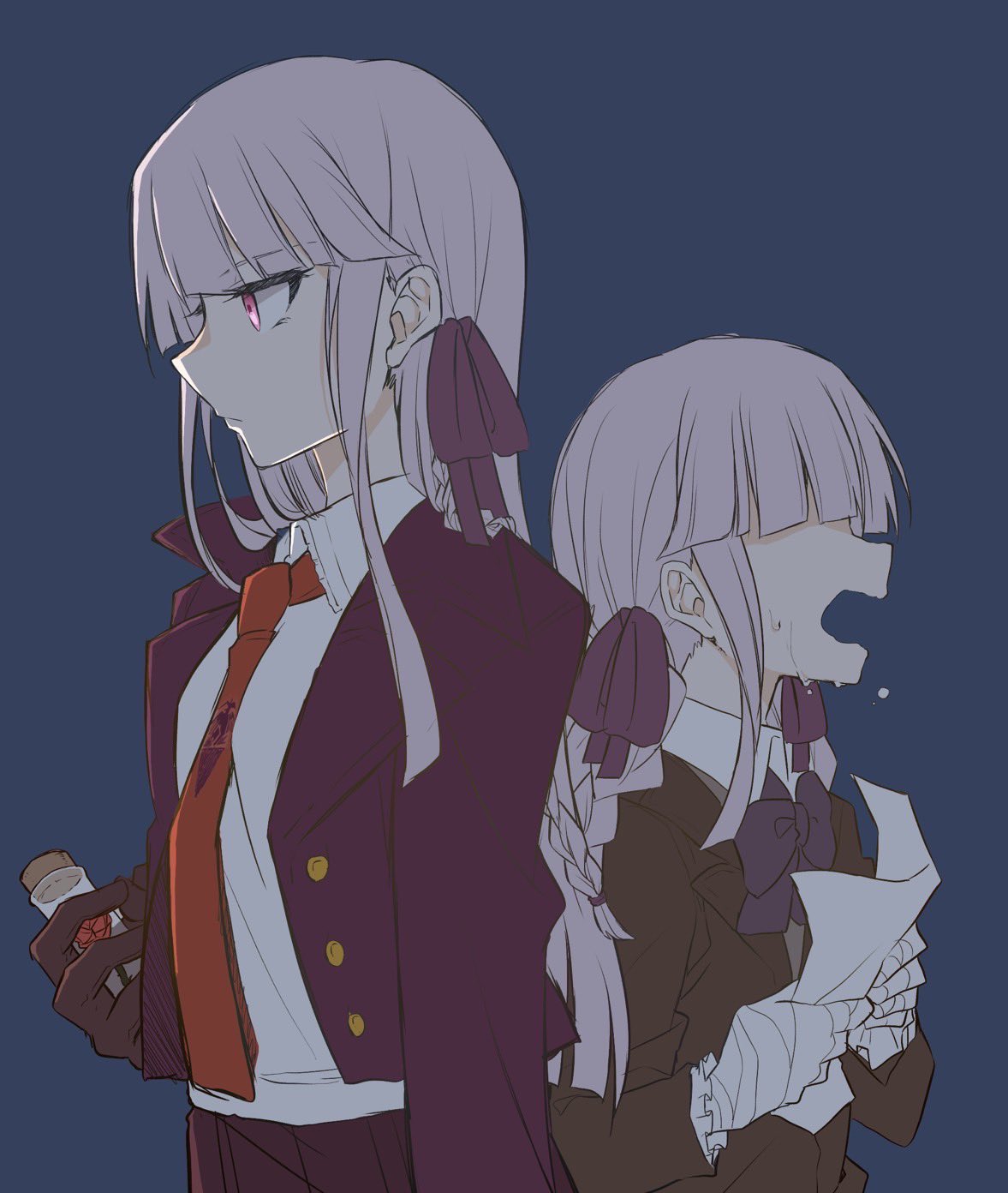 2girls back-to-back bandaged_hand bandages black_skirt bottle bow bowtie braid breasts brown_jacket collared_shirt covered_eyes crying danganronpa:_trigger_happy_havoc danganronpa_(series) danganronpa_kirigiri dual_persona green_background hair_over_eyes hair_ribbon highres holding holding_bottle holding_paper jacket kirigiri_kyoko kuuya_(ayahata43) looking_ahead medium_breasts multiple_girls necktie open_clothes open_jacket open_mouth orange_necktie paper pink_eyes pleated_skirt profile purple_bow purple_bowtie purple_jacket purple_ribbon ribbon shirt side_braid simple_background skirt twin_braids twintails white_shirt younger_self