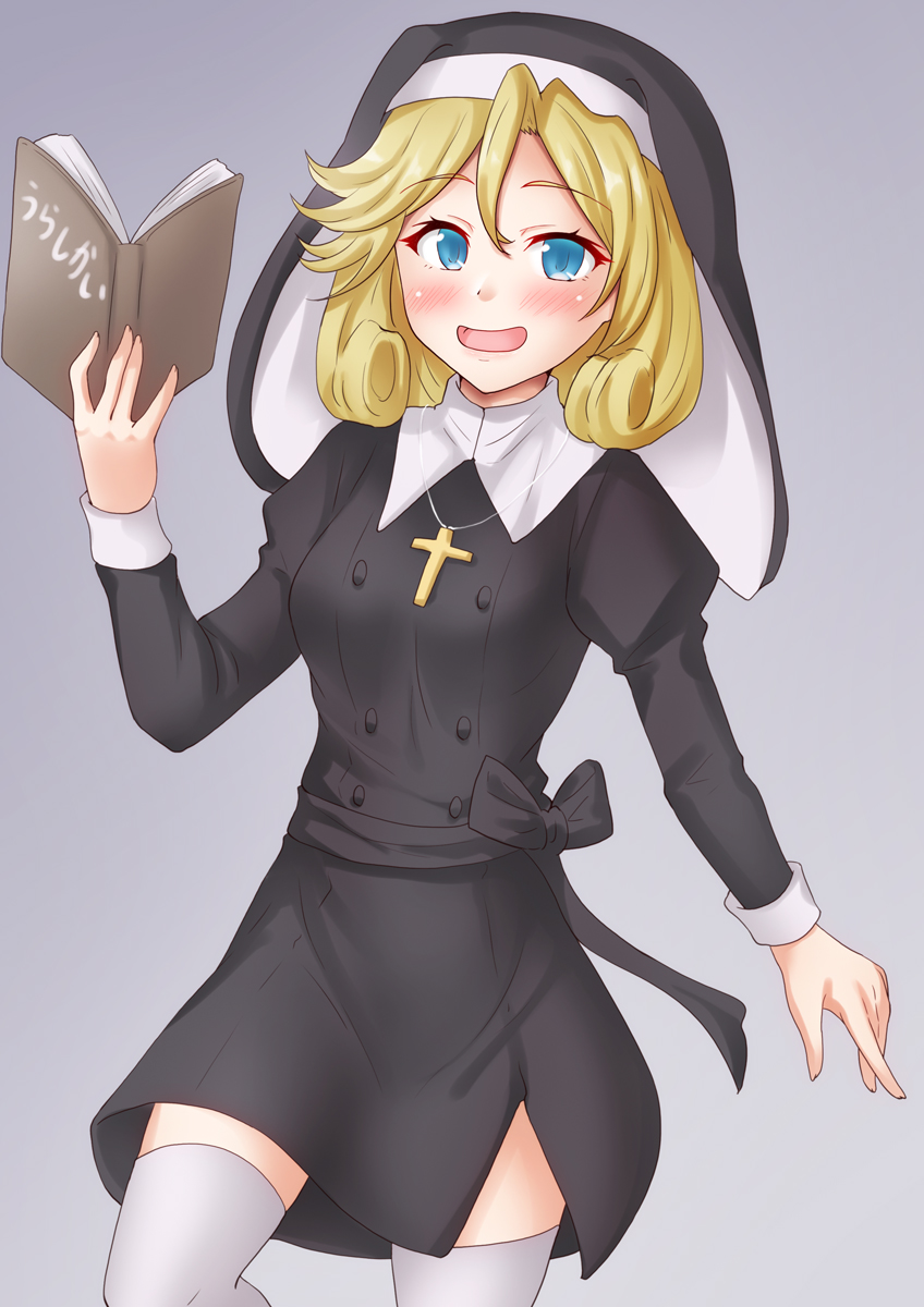 1girl anti_(untea9) bible_(object) black_dress blonde_hair blue_eyes blush catholic coif cross cross_necklace dress gradient_background grey_background habit hair_between_eyes highres janus_(kancolle) jewelry kantai_collection latin_cross long_sleeves looking_at_viewer necklace nun open_mouth short_hair smile solo thigh-highs veil