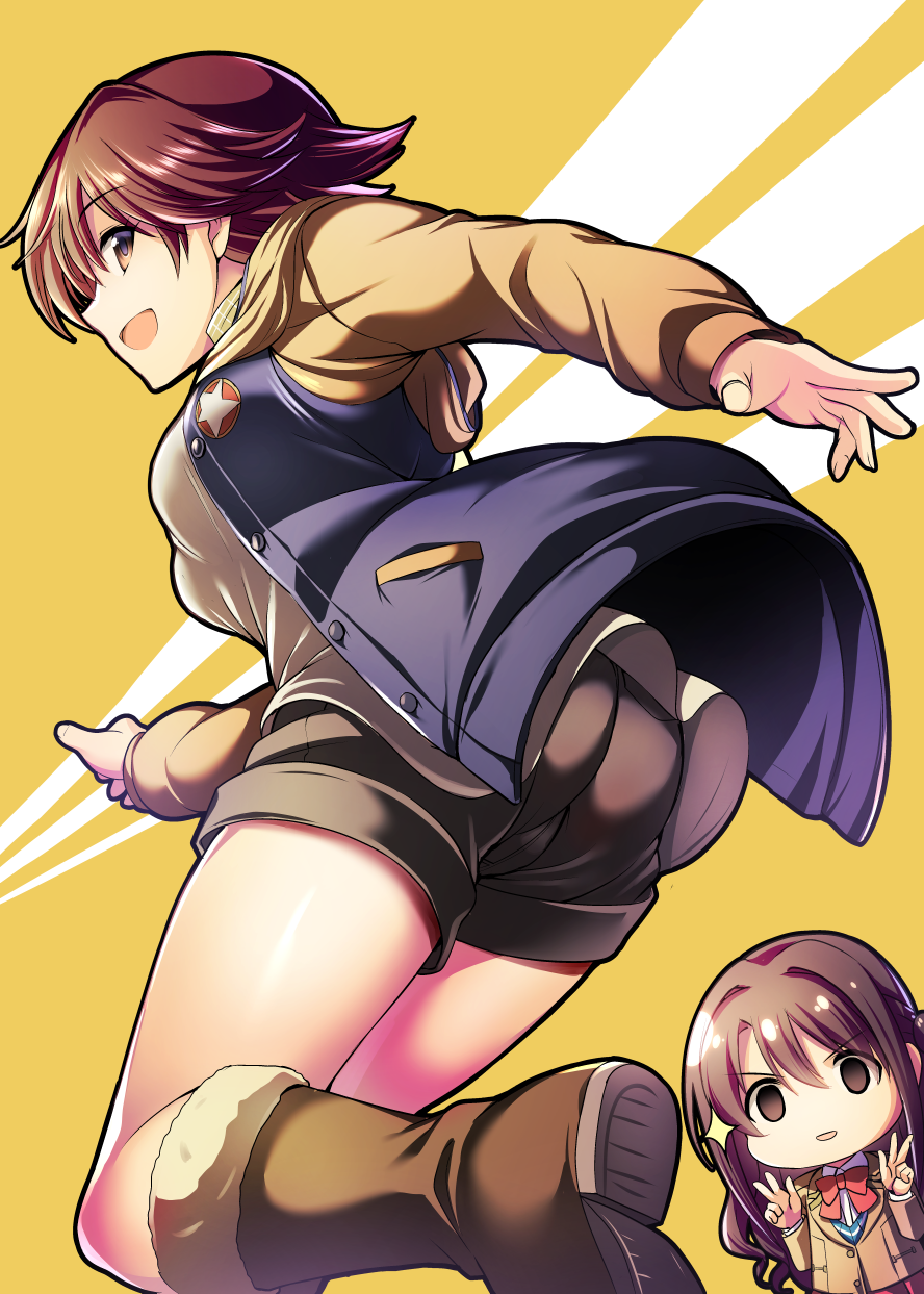 2girls ass black_shorts boots breasts brown_eyes brown_footwear brown_hair chibi from_behind fur-trimmed_boots fur_trim highres honda_mio idolmaster idolmaster_cinderella_girls idolmaster_cinderella_girls_starlight_stage jacket leg_up long_sleeves looking_at_viewer looking_back medium_breasts ment multicolored_clothes multicolored_jacket multiple_girls open_clothes open_jacket open_mouth shimamura_uzuki shirt shoe_soles short_hair shorts smile two-tone_jacket white_shirt yellow_background