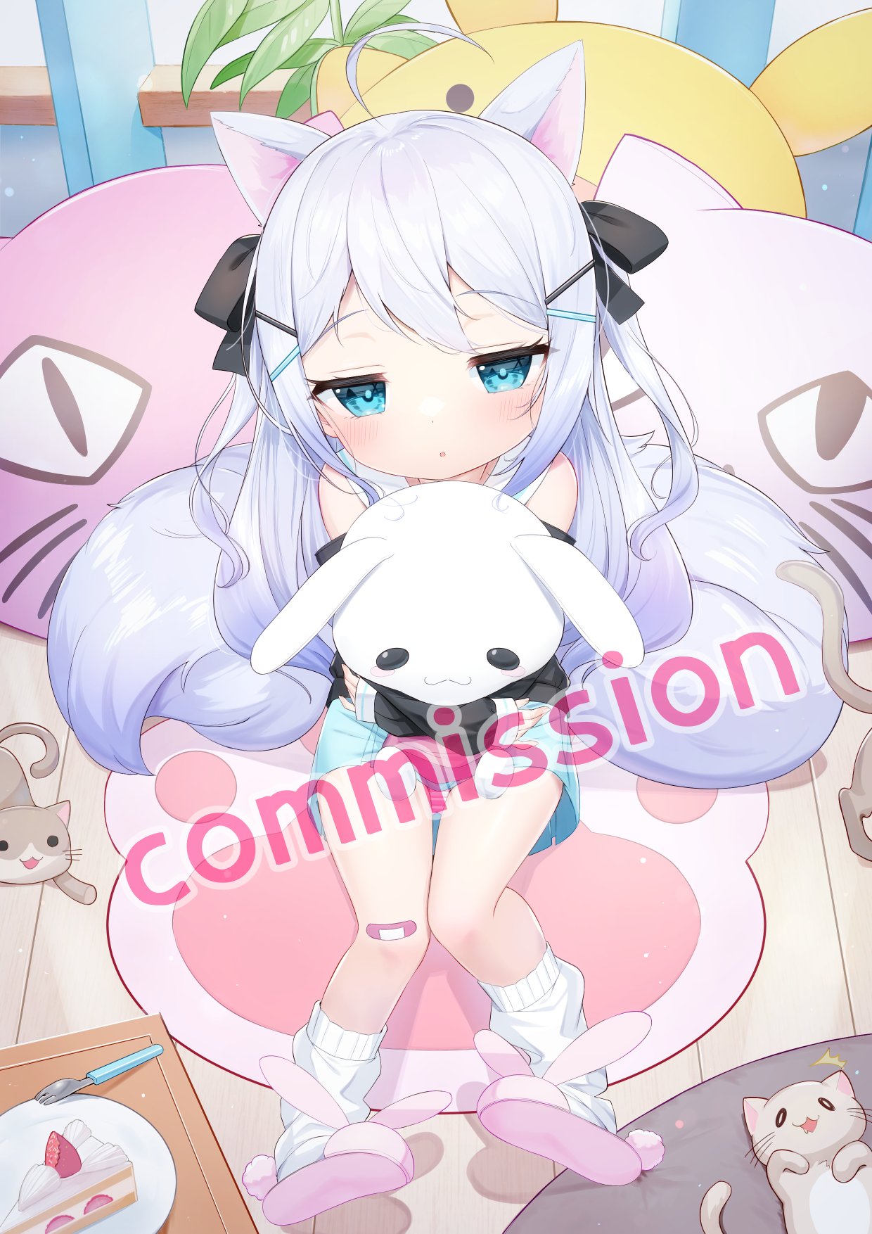 1girl :o ^^^ ahoge animal animal_ears animal_slippers black_bow black_shirt blue_eyes blue_shorts blush bow bunny_slippers cat commentary_request commission grey_hair hair_bow hair_ornament hairclip highres hugging_object indoors long_hair long_sleeves looking_at_viewer loose_socks off_shoulder original parted_lips pink_footwear puffy_long_sleeves puffy_sleeves shirt shoe_soles short_shorts shorts sitting sleeves_past_wrists slippers socks solo stuffed_animal stuffed_rabbit stuffed_toy tail tsukiman two_side_up very_long_hair watermark white_socks