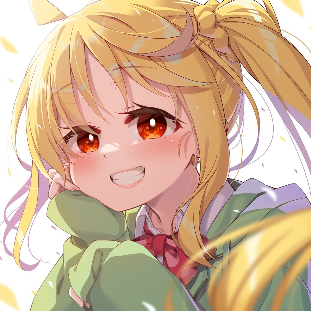1girl ahoge blonde_hair blurry blush bocchi_the_rock! bow chika_(06chimika13) close-up commentary depth_of_field eyelashes eyes_visible_through_hair floating_hair green_hoodie grin hair_between_eyes happy hood hood_down hoodie ijichi_nijika lips long_hair looking_at_viewer polka_dot polka_dot_bow red_bow red_eyes side_ponytail sidelocks simple_background sleeves_past_wrists smile solo very_long_hair white_background