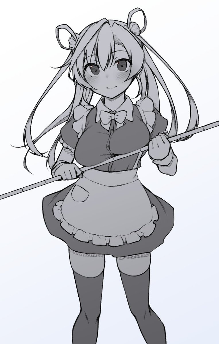 1girl abukuma_(kancolle) alternate_costume apron bow bowtie double_bun dress enmaided feet_out_of_frame hair_bun hair_rings kantai_collection long_hair looking_at_viewer maid monochrome smile solo standing stick thigh-highs twintails yuki_to_hana