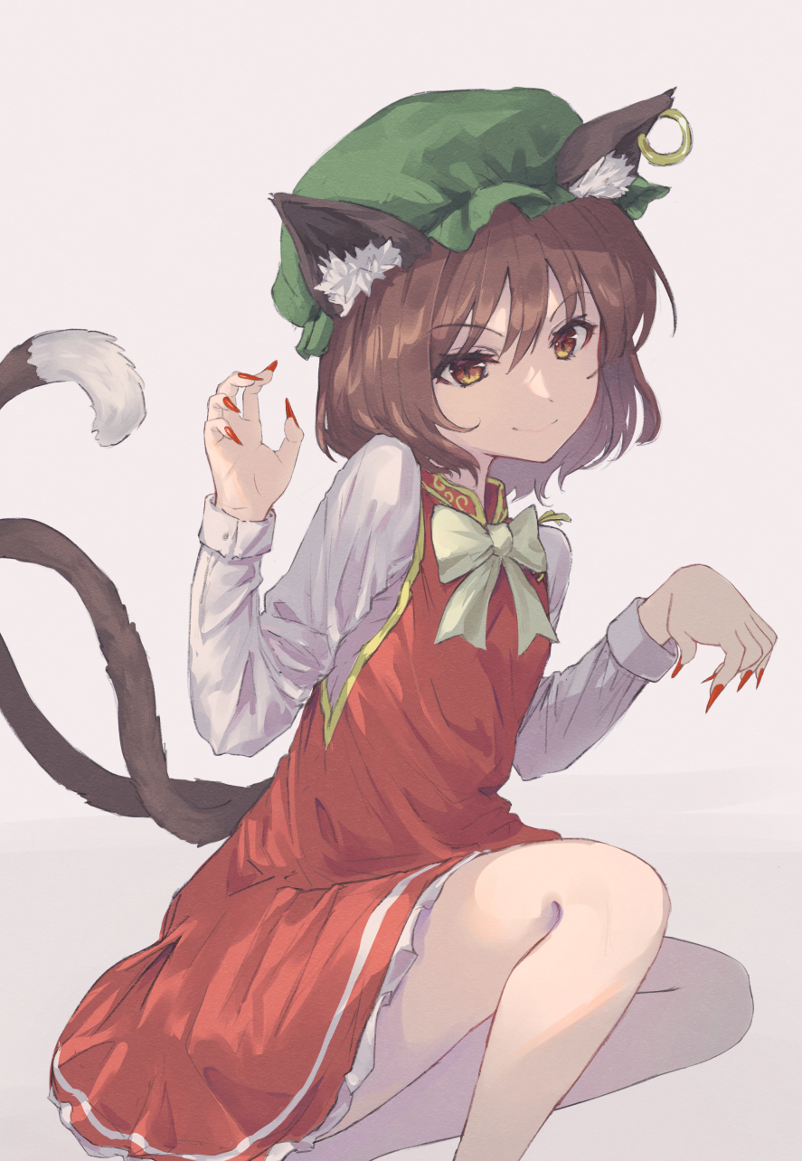 1girl animal_ear_fluff animal_ears brown_eyes brown_hair cat_ears cat_tail chen closed_mouth dress earrings fingernails green_headwear hair_between_eyes hat highres jewelry long_fingernails long_sleeves menotoa mob_cap multiple_tails nail_polish red_dress red_nails sharp_fingernails shirt short_hair single_earring smile solo tail touhou two_tails white_shirt