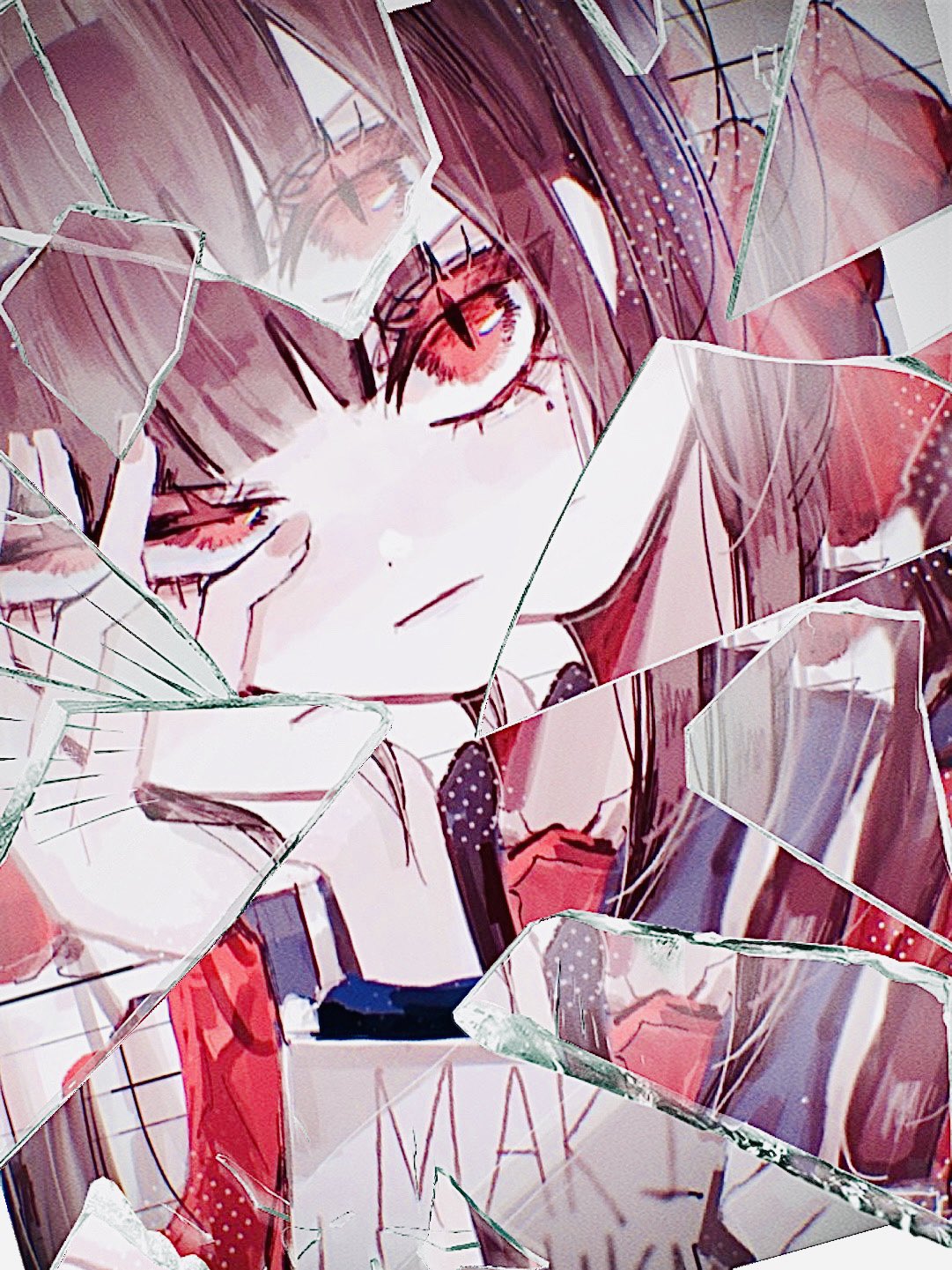 1girl app_filter black_sailor_collar broken_glass brown_hair character_name closed_mouth collarbone danganronpa_(series) danganronpa_v3:_killing_harmony glass hair_ornament hair_scrunchie hairclip half-closed_eye hand_on_own_face hand_up harukawa_maki highres holding holding_sign low_twintails mole mole_under_eye naruse_(nal1525) red_eyes red_scrunchie red_shirt sailor_collar scrunchie serious shirt sign slit_pupils solo twintails upper_body