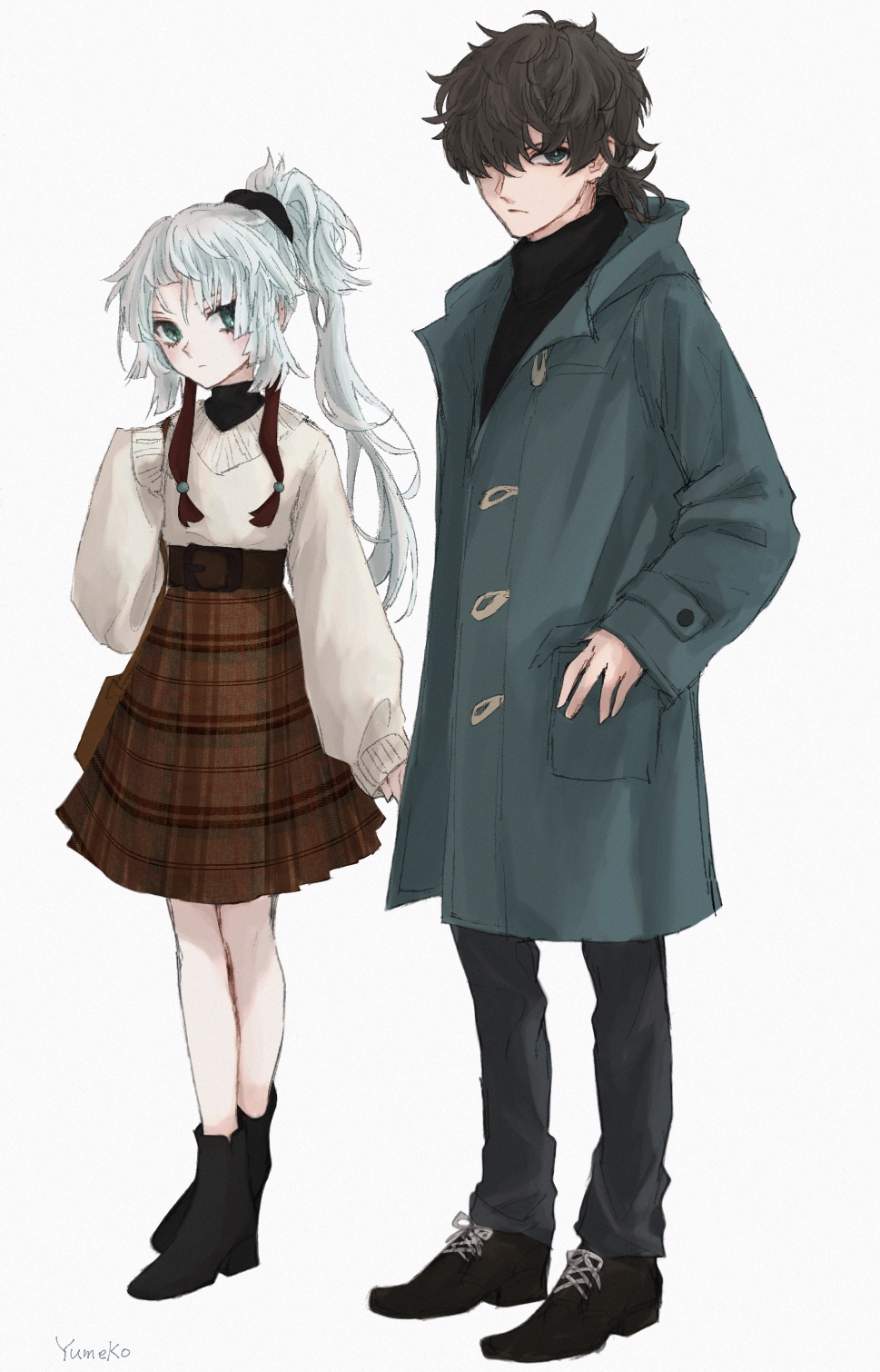 1boy 1girl alternate_costume black_footwear black_hair black_pants black_sweater blue_jacket boots closed_mouth commentary_request contemporary fate/samurai_remnant fate_(series) fgo39625963 full_body green_eyes grey_hair hair_over_one_eye highres jacket long_hair long_sleeves looking_at_another looking_at_viewer miyamoto_iori_(fate) one_eye_covered pants plaid plaid_skirt pocket ponytail shoes short_ponytail signature simple_background skirt sleeves_past_fingers sleeves_past_wrists sweater turtleneck turtleneck_sweater very_long_hair white_background white_sweater yui_shousetsu_(fate)