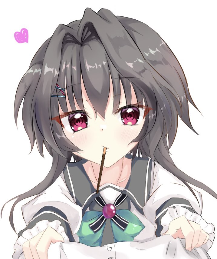 1girl 9-nine- black_collar black_hair blush bow closed_mouth collar commentary_request enotarou1 eyelashes eyes_visible_through_hair food food_in_mouth frilled_sleeves frills green_bow hair_between_eyes hair_intakes heart incoming_pocky_kiss juliet_sleeves long_sleeves looking_at_viewer pocky pocky_in_mouth pov puffy_sleeves red_eyes school_uniform shirt short_hair_with_long_locks simple_background solo tsurime upper_body white_background white_shirt yuuki_noa