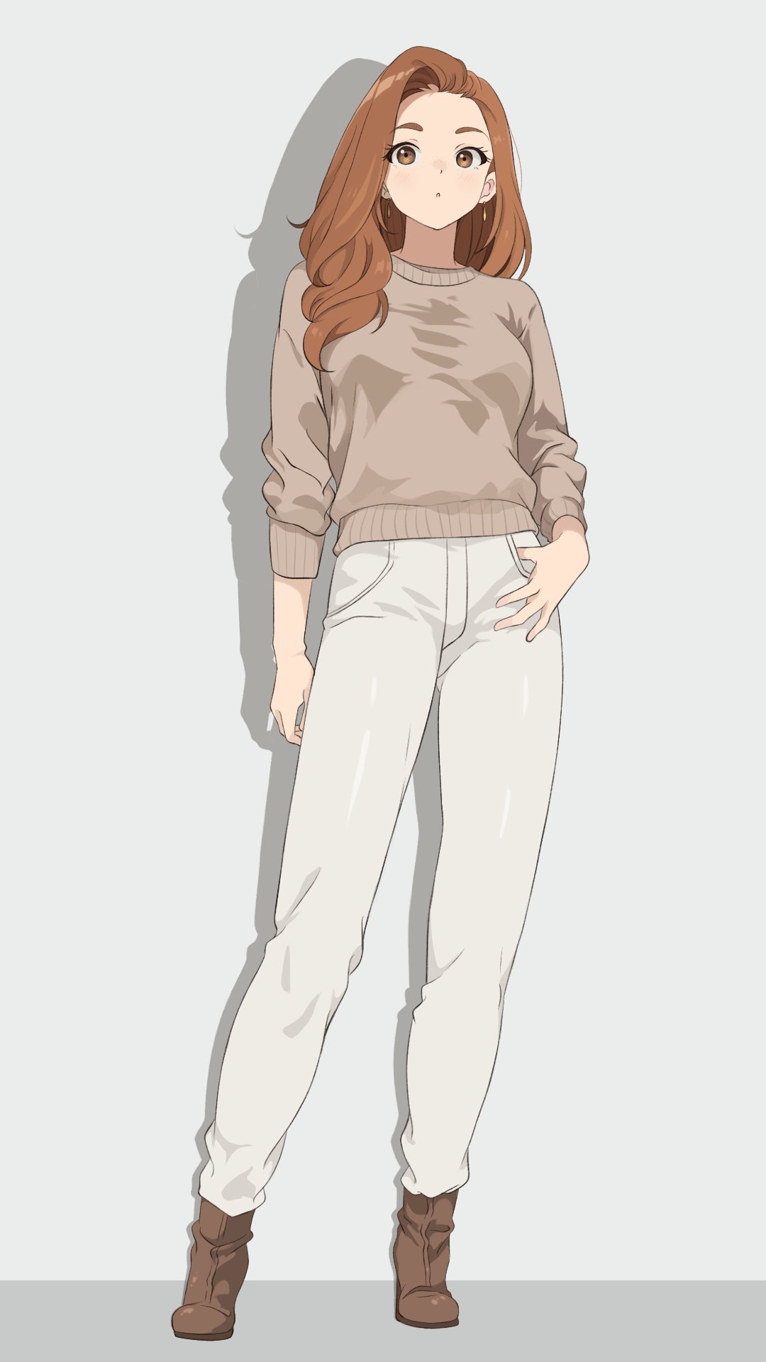 1girl brown_footwear brown_hair chocomiru commentary earrings english_commentary full_body hair_over_shoulder highres jewelry light_brown_hair original panties parted_lips shadow simple_background solo sweat sweater underwear white_background white_panties