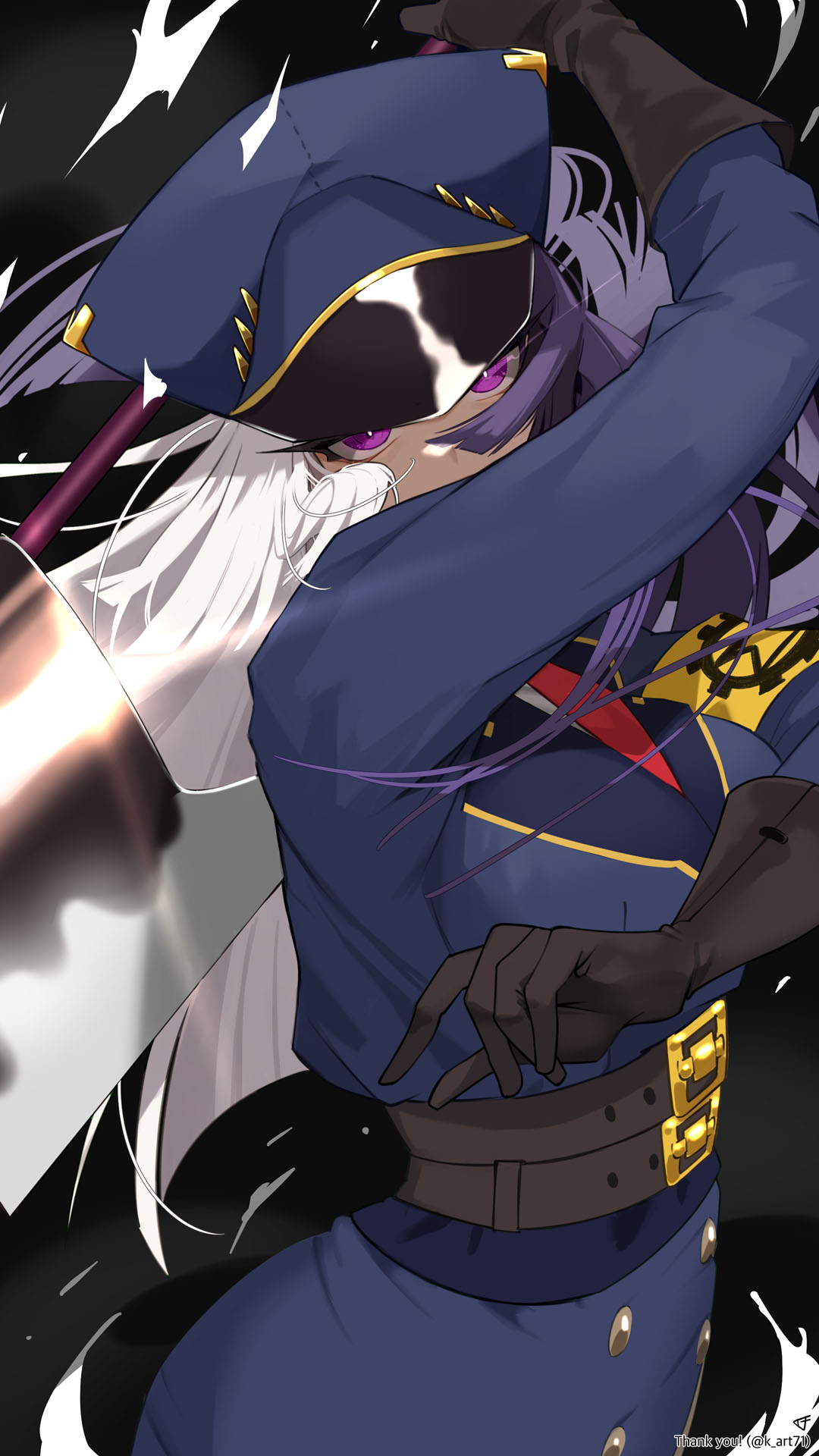 1girl armband belt blue_headwear blue_jacket blue_skirt breasts bright_pupils commission gloves grey_belt grey_gloves hand_up hat highres holding holding_weapon jacket lll_ke_lll long_hair military_uniform multicolored_hair necktie original peaked_cap purple_hair red_necktie second-party_source skeb_commission skirt solo thank_you twitter_username two-tone_hair uniform violet_eyes weapon white_hair white_pupils yellow_armband