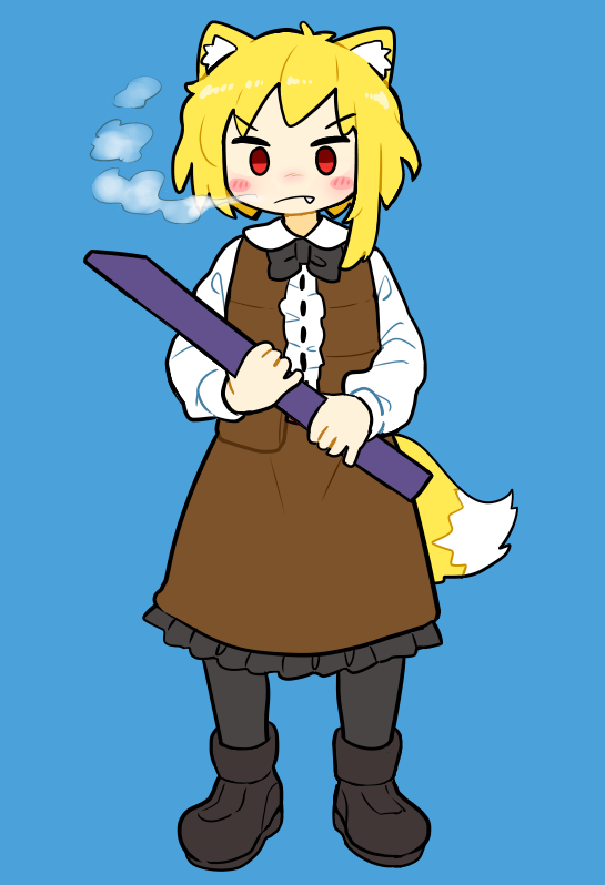 1girl :/ animal_ear_fluff animal_ears asymmetrical_hair black_bow black_bowtie black_footwear black_pantyhose blonde_hair blue_background blush boots bow bowtie breath brown_skirt brown_vest bseibutsu center_frills closed_mouth collared_shirt commentary_request cookie_(touhou) fang fox_ears fox_girl fox_tail frills full_body holding holding_pole long_sleeves looking_at_viewer medium_hair miramikaru_riran pantyhose pole red_eyes shirt short_bangs simple_background single_sidelock skirt solo standing tail v-shaped_eyebrows vest white_shirt