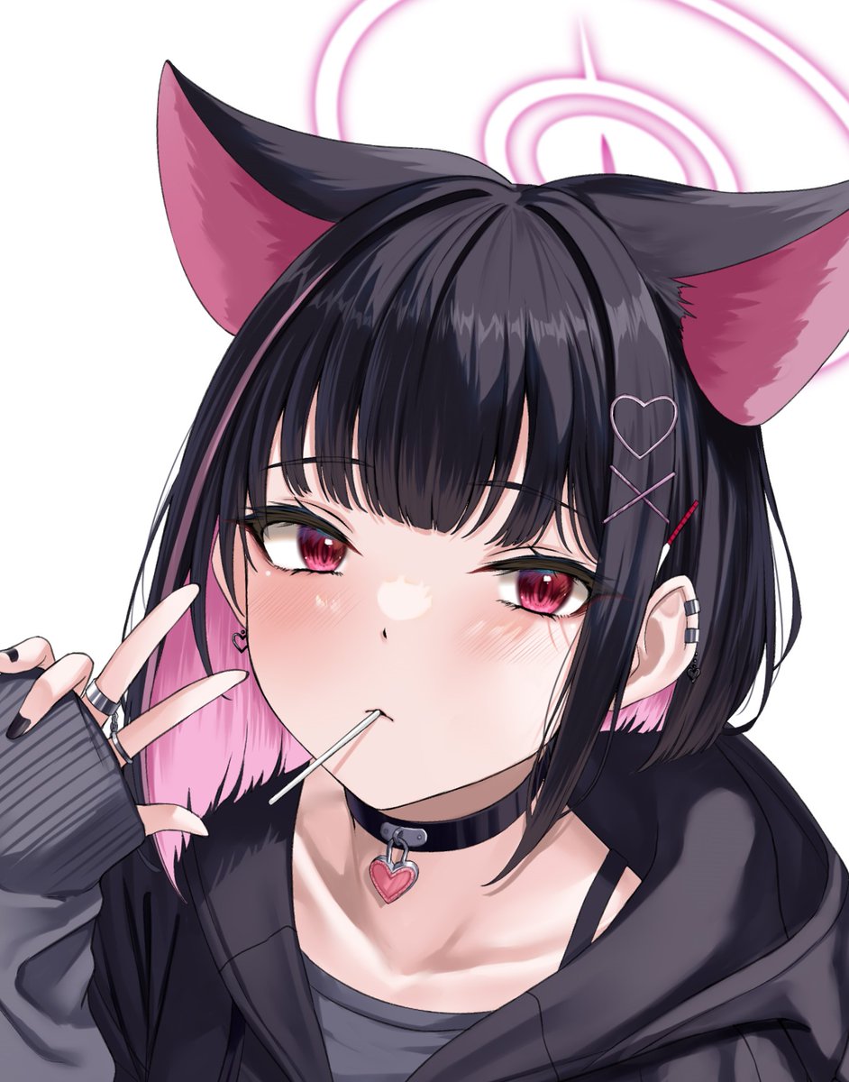 1girl animal_ears black_choker black_hair black_jacket black_nails blue_archive blunt_bangs blush candy choker colored_inner_hair commentary_request ear_piercing earrings food hair_ornament halo heart heart_choker heart_earrings heart_hair_ornament highres hood hooded_jacket jacket jewelry kazusa_(blue_archive) licking licking_another's_face lollipop long_sleeves mouth_hold multicolored_hair nail_polish piercing pink_eyes pink_hair pink_halo portrait rama_(yu-light8) ring short_hair sidelocks sleeves_past_wrists solo v x_hair_ornament