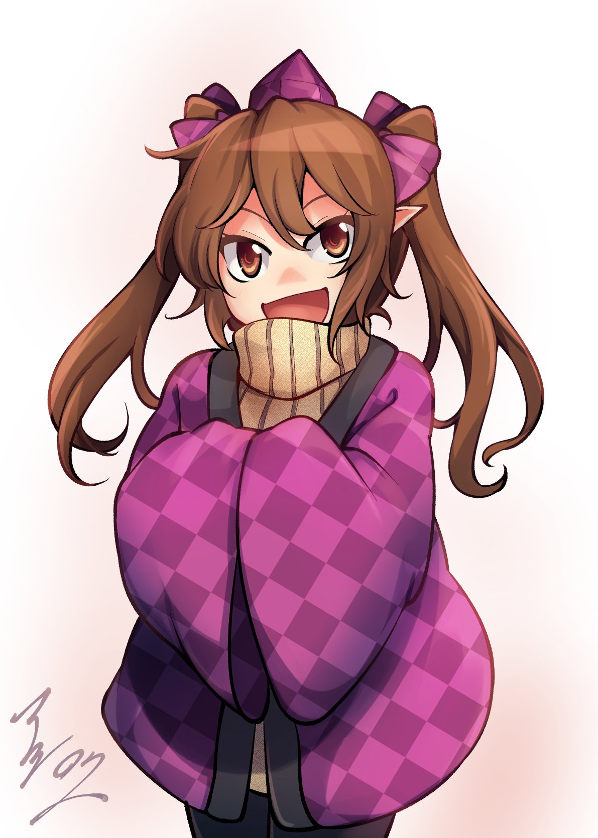 1girl :d alternate_costume ashiroku_(miracle_hinacle) black_leggings brown_eyes brown_hair brown_sweater checkered_clothes hanten_(clothes) happy hat highres himekaidou_hatate japanese_clothes leggings long_sleeves medium_hair open_mouth own_hands_together pointy_ears purple_headwear purple_ribbon ribbon short_twintails sleeves_past_fingers sleeves_past_wrists smile solo sweater tokin_hat touhou turtleneck twintails vertical-striped_sweater white_sleeves wide_sleeves