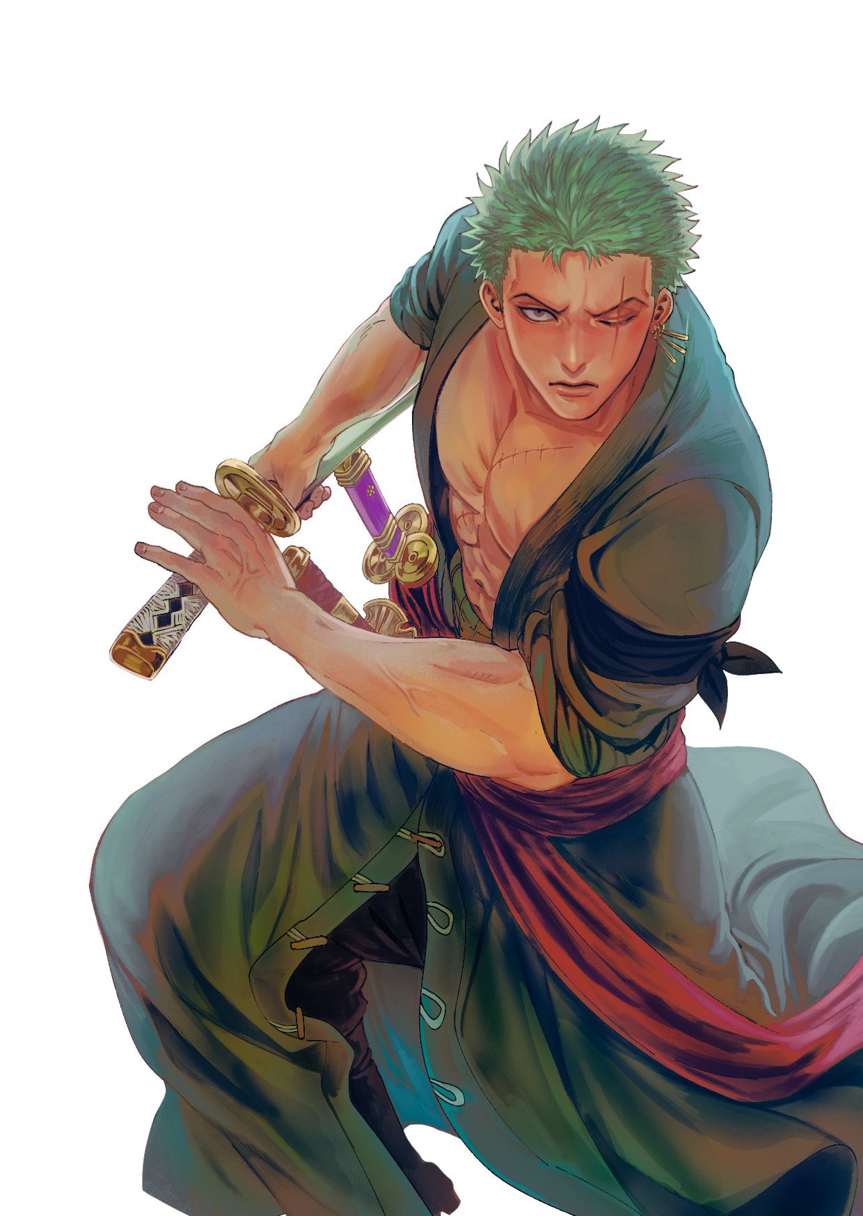 1boy bare_pectorals dark-skinned_male dark_skin feet_out_of_frame fighting_stance green_hair green_kimono highres japanese_clothes kimono looking_at_viewer male_focus nok_(nok_1) one_piece open_clothes open_kimono pectorals ready_to_draw roronoa_zoro scar scar_across_eye serious short_hair solo veins veiny_arms veiny_hands
